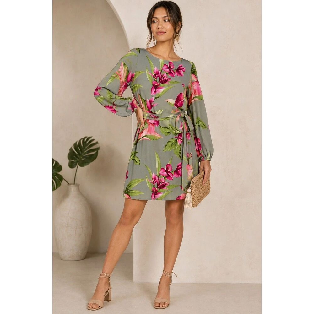 TOMMY BAHAMA Lavish Blooms Floral Long Sleeve Dress XL Tea Leaf Green Tropical